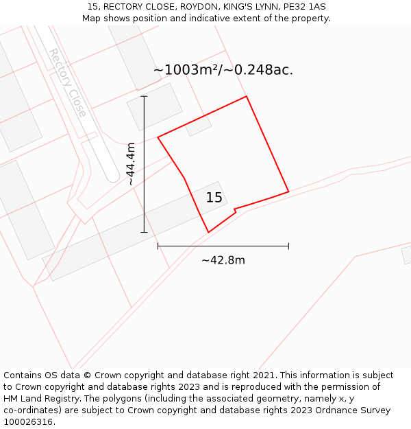 15, RECTORY CLOSE, ROYDON, KING'S LYNN, PE32 1AS: Plot and title map