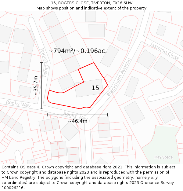 15, ROGERS CLOSE, TIVERTON, EX16 6UW: Plot and title map