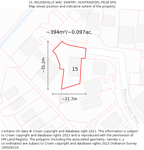 15, ROUNDHILLS WAY, SAWTRY, HUNTINGDON, PE28 5PQ: Plot and title map