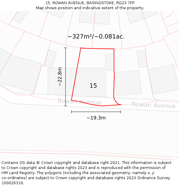 15, ROWAN AVENUE, BASINGSTOKE, RG23 7FP: Plot and title map