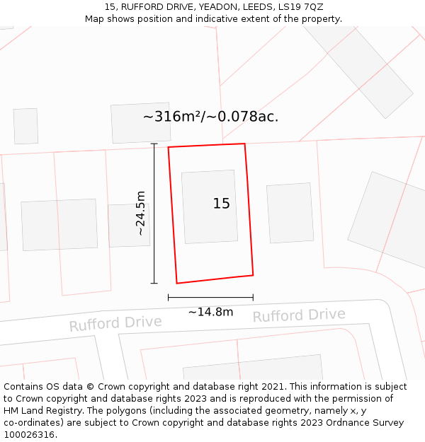 15, RUFFORD DRIVE, YEADON, LEEDS, LS19 7QZ: Plot and title map