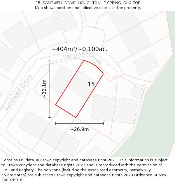 15, SANDWELL DRIVE, HOUGHTON LE SPRING, DH4 7QE: Plot and title map