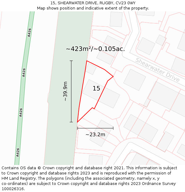 15, SHEARWATER DRIVE, RUGBY, CV23 0WY: Plot and title map