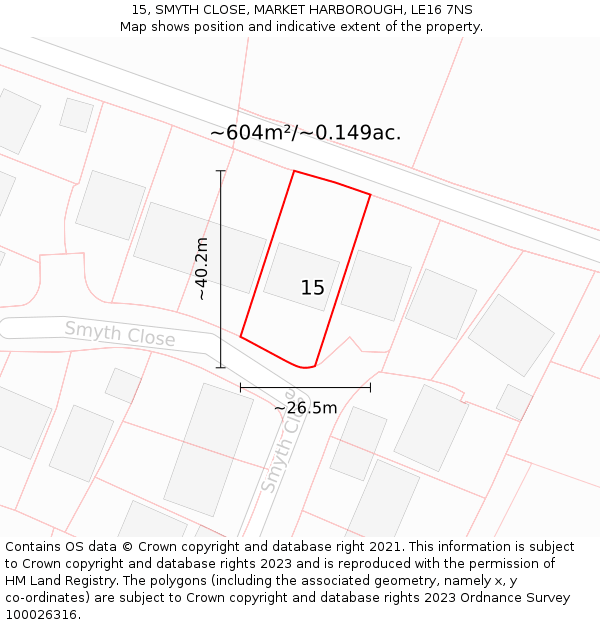 15, SMYTH CLOSE, MARKET HARBOROUGH, LE16 7NS: Plot and title map