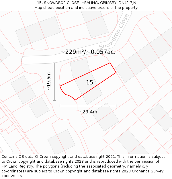 15, SNOWDROP CLOSE, HEALING, GRIMSBY, DN41 7JN: Plot and title map