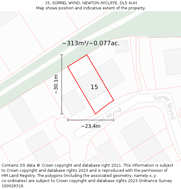 15, SORREL WYND, NEWTON AYCLIFFE, DL5 4UH: Plot and title map