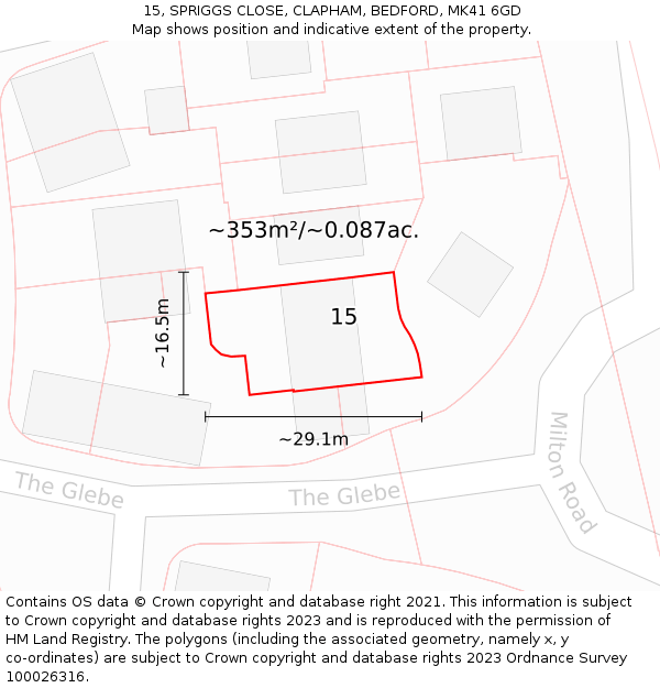 15, SPRIGGS CLOSE, CLAPHAM, BEDFORD, MK41 6GD: Plot and title map