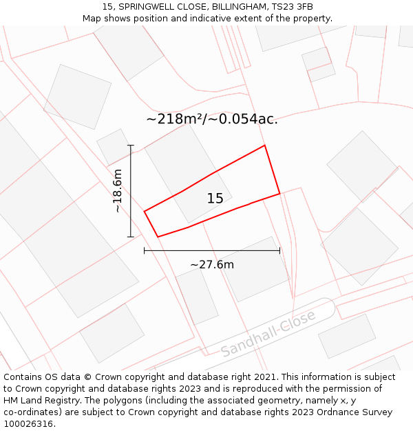 15, SPRINGWELL CLOSE, BILLINGHAM, TS23 3FB: Plot and title map