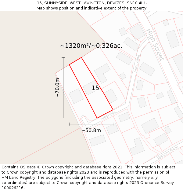 15, SUNNYSIDE, WEST LAVINGTON, DEVIZES, SN10 4HU: Plot and title map