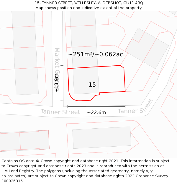 15, TANNER STREET, WELLESLEY, ALDERSHOT, GU11 4BQ: Plot and title map