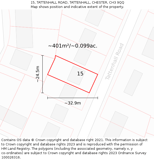 15, TATTENHALL ROAD, TATTENHALL, CHESTER, CH3 9QQ: Plot and title map