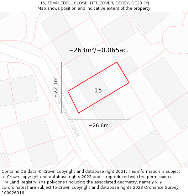 15, TEMPLEBELL CLOSE, LITTLEOVER, DERBY, DE23 3YJ: Plot and title map