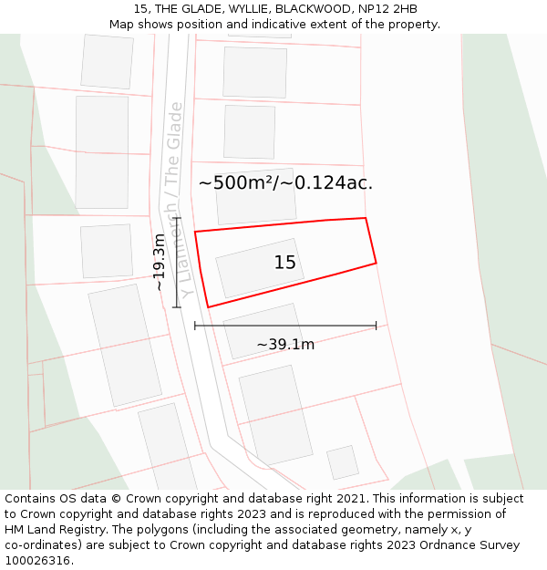 15, THE GLADE, WYLLIE, BLACKWOOD, NP12 2HB: Plot and title map