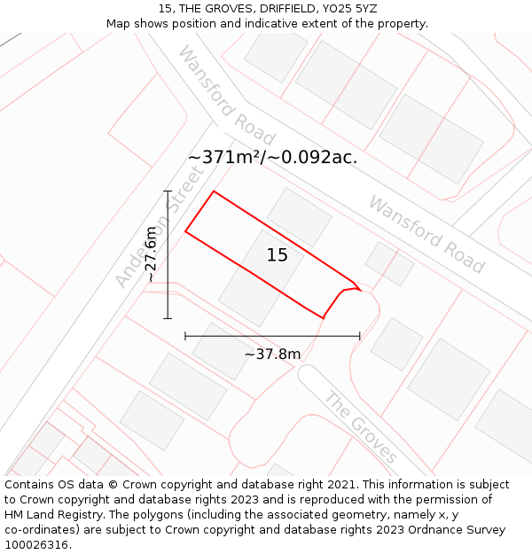 15, THE GROVES, DRIFFIELD, YO25 5YZ: Plot and title map