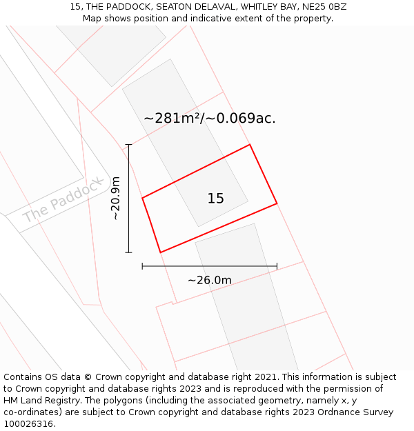 15, THE PADDOCK, SEATON DELAVAL, WHITLEY BAY, NE25 0BZ: Plot and title map