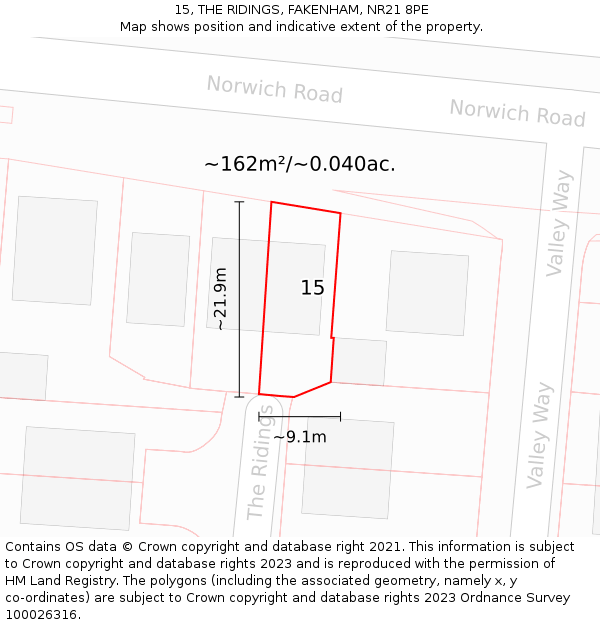15, THE RIDINGS, FAKENHAM, NR21 8PE: Plot and title map
