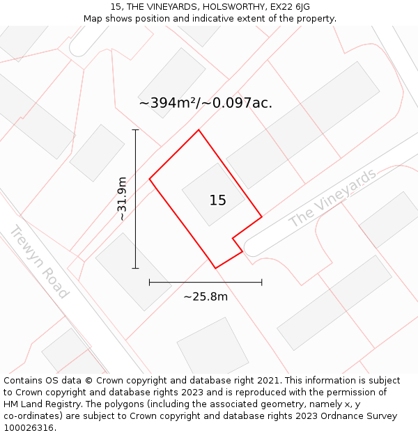 15, THE VINEYARDS, HOLSWORTHY, EX22 6JG: Plot and title map