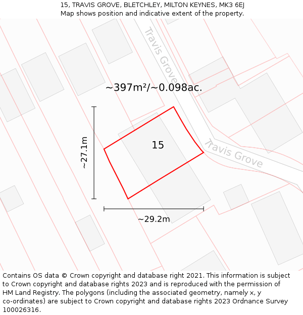 15, TRAVIS GROVE, BLETCHLEY, MILTON KEYNES, MK3 6EJ: Plot and title map