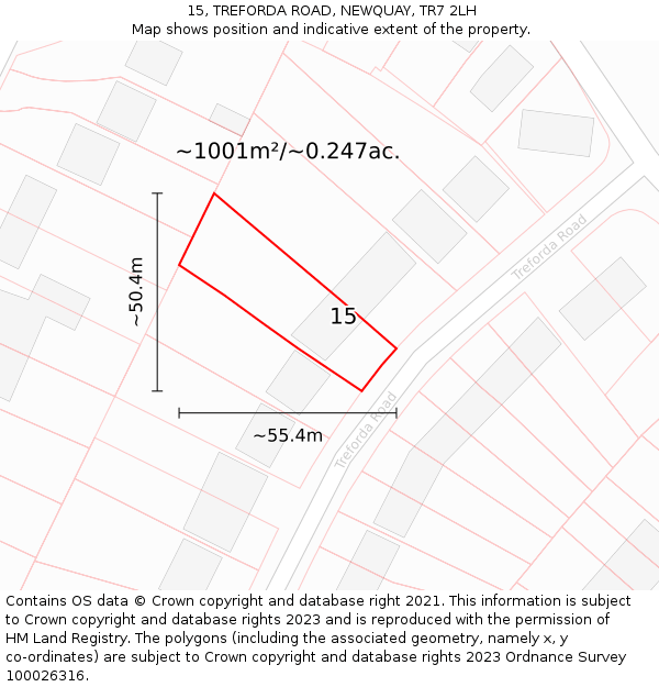 15, TREFORDA ROAD, NEWQUAY, TR7 2LH: Plot and title map