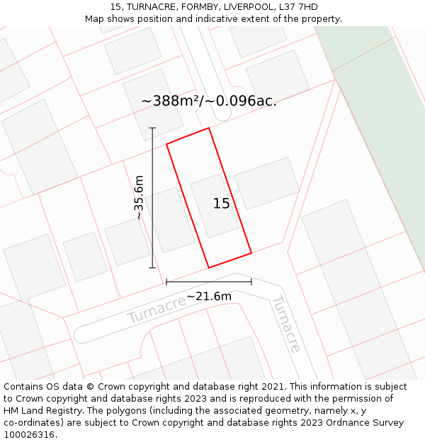 15, TURNACRE, FORMBY, LIVERPOOL, L37 7HD: Plot and title map