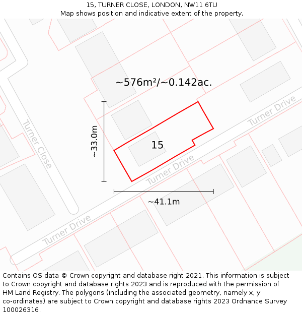 15, TURNER CLOSE, LONDON, NW11 6TU: Plot and title map