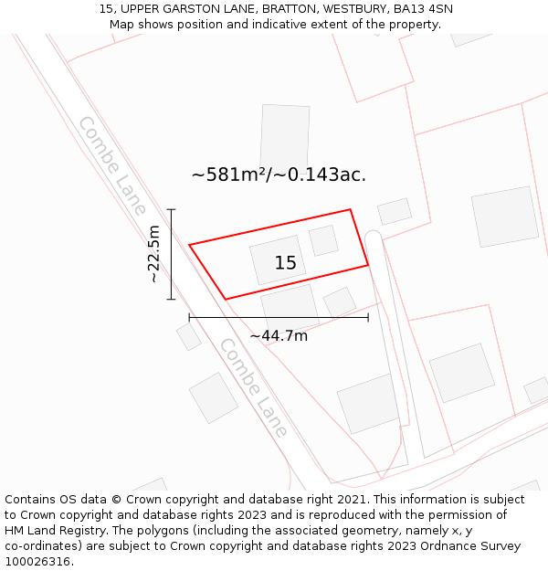 15, UPPER GARSTON LANE, BRATTON, WESTBURY, BA13 4SN: Plot and title map