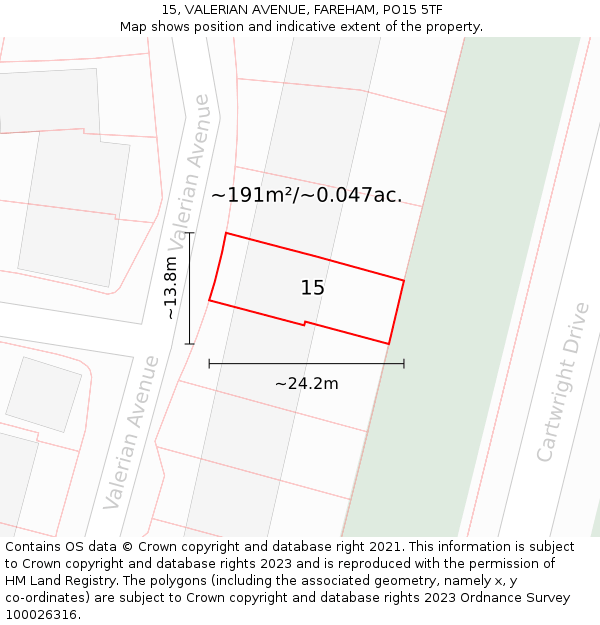 15, VALERIAN AVENUE, FAREHAM, PO15 5TF: Plot and title map