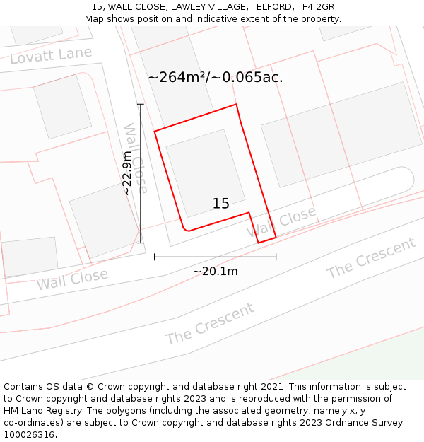 15, WALL CLOSE, LAWLEY VILLAGE, TELFORD, TF4 2GR: Plot and title map