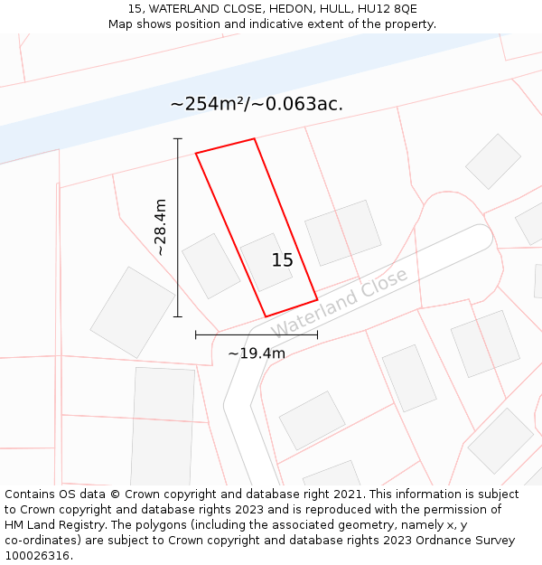 15, WATERLAND CLOSE, HEDON, HULL, HU12 8QE: Plot and title map