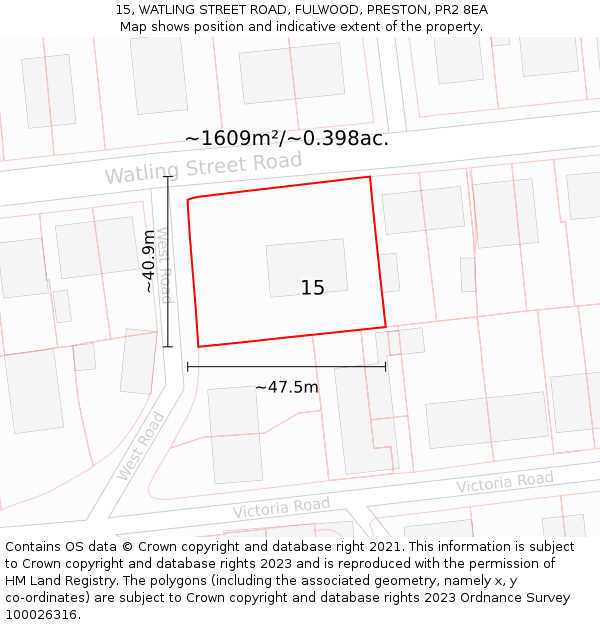 15, WATLING STREET ROAD, FULWOOD, PRESTON, PR2 8EA: Plot and title map