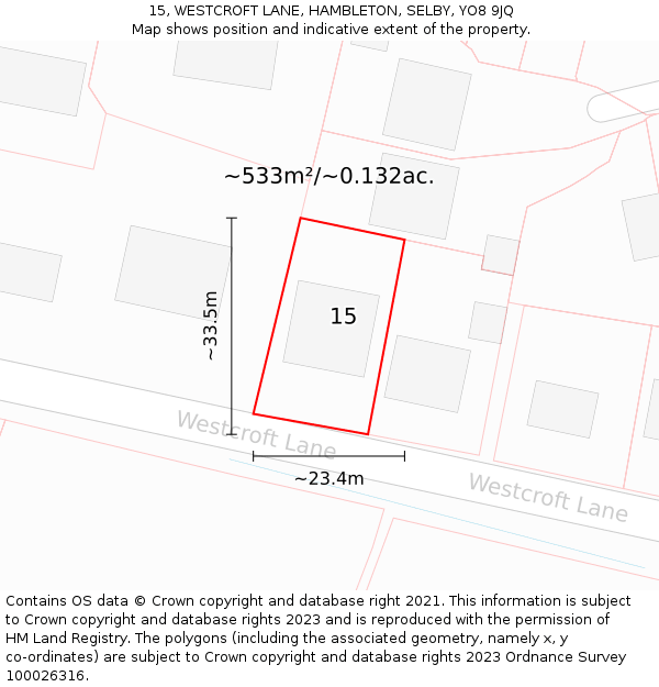 15, WESTCROFT LANE, HAMBLETON, SELBY, YO8 9JQ: Plot and title map