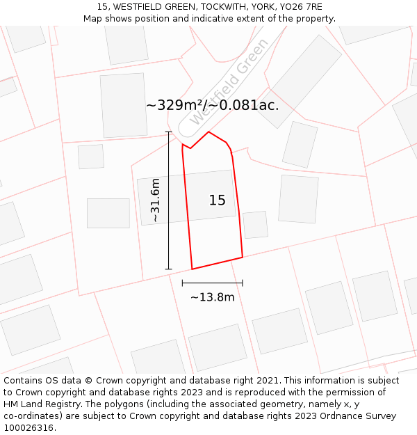 15, WESTFIELD GREEN, TOCKWITH, YORK, YO26 7RE: Plot and title map