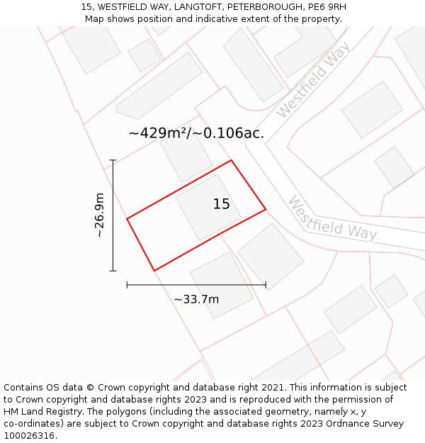 15, WESTFIELD WAY, LANGTOFT, PETERBOROUGH, PE6 9RH: Plot and title map