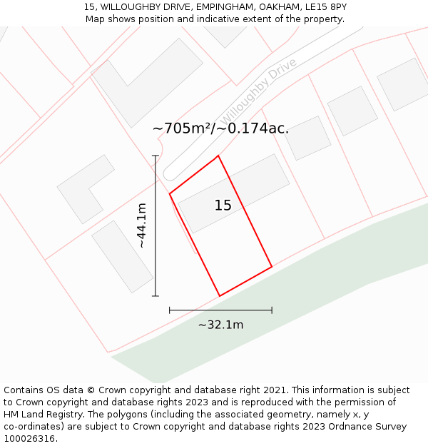 15, WILLOUGHBY DRIVE, EMPINGHAM, OAKHAM, LE15 8PY: Plot and title map