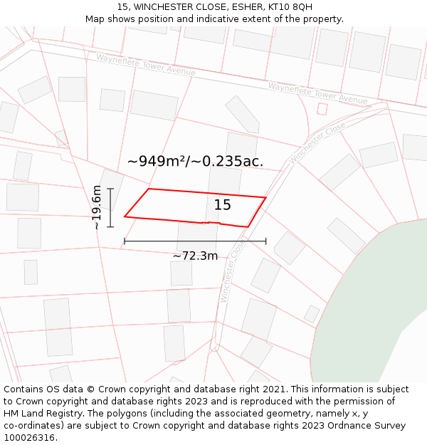 15, WINCHESTER CLOSE, ESHER, KT10 8QH: Plot and title map