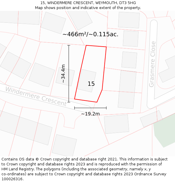 15, WINDERMERE CRESCENT, WEYMOUTH, DT3 5HG: Plot and title map