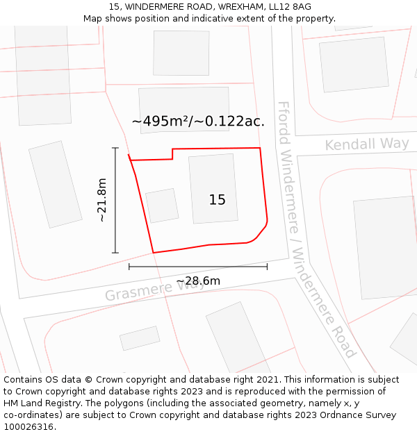 15, WINDERMERE ROAD, WREXHAM, LL12 8AG: Plot and title map