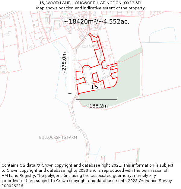 15, WOOD LANE, LONGWORTH, ABINGDON, OX13 5PL: Plot and title map