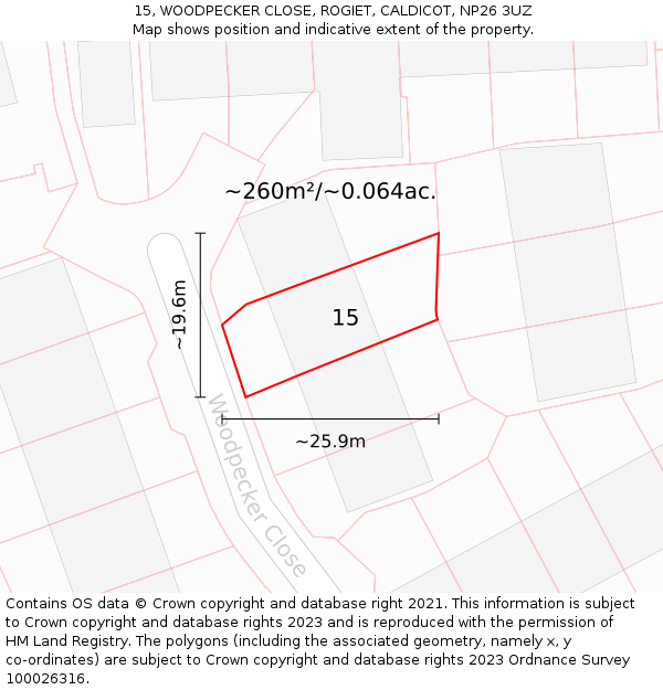 15, WOODPECKER CLOSE, ROGIET, CALDICOT, NP26 3UZ: Plot and title map