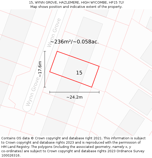 15, WYNN GROVE, HAZLEMERE, HIGH WYCOMBE, HP15 7LY: Plot and title map