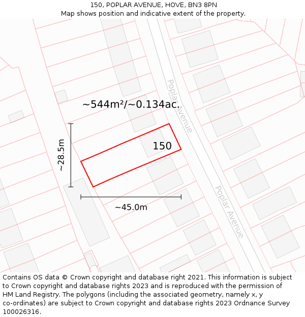 150, POPLAR AVENUE, HOVE, BN3 8PN: Plot and title map