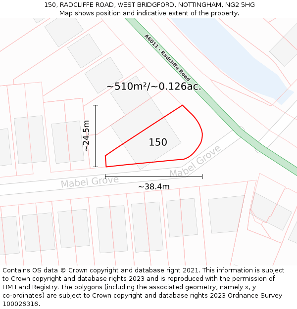 150, RADCLIFFE ROAD, WEST BRIDGFORD, NOTTINGHAM, NG2 5HG: Plot and title map