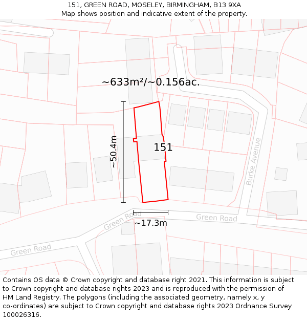 151, GREEN ROAD, MOSELEY, BIRMINGHAM, B13 9XA: Plot and title map