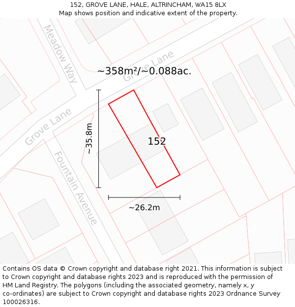 152, GROVE LANE, HALE, ALTRINCHAM, WA15 8LX: Plot and title map