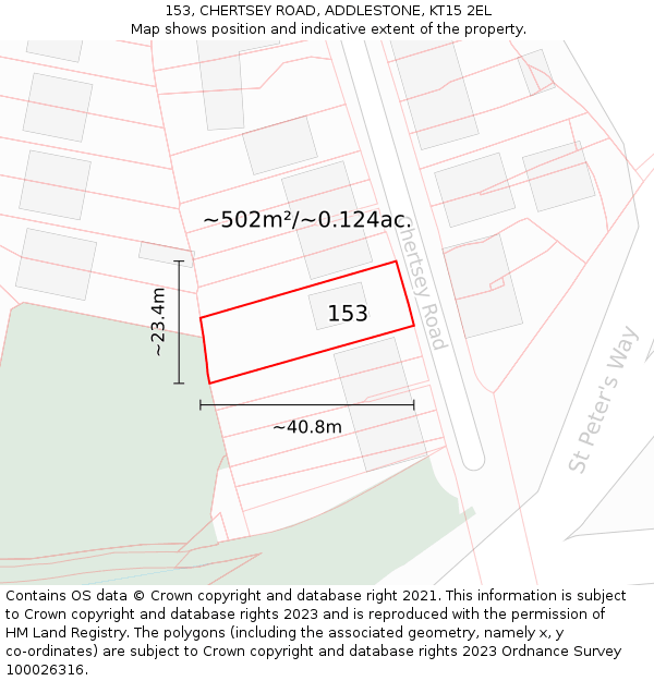 153, CHERTSEY ROAD, ADDLESTONE, KT15 2EL: Plot and title map