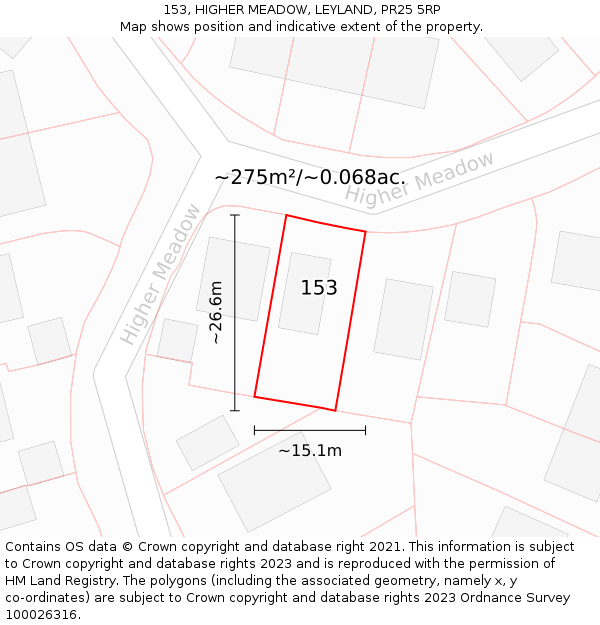 153, HIGHER MEADOW, LEYLAND, PR25 5RP: Plot and title map