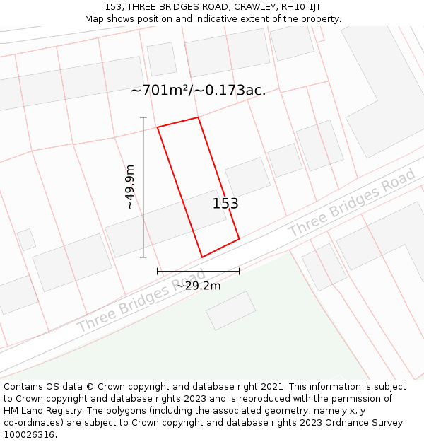 153, THREE BRIDGES ROAD, CRAWLEY, RH10 1JT: Plot and title map