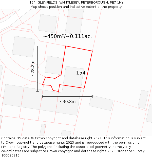 154, GLENFIELDS, WHITTLESEY, PETERBOROUGH, PE7 1HY: Plot and title map