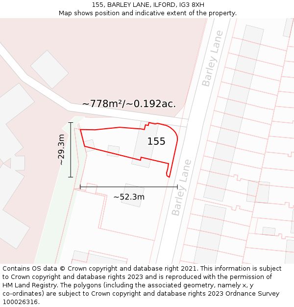 155, BARLEY LANE, ILFORD, IG3 8XH: Plot and title map