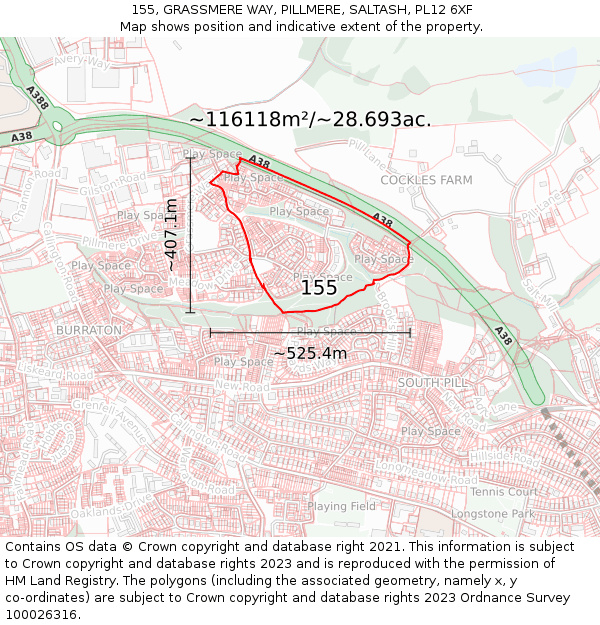 155, GRASSMERE WAY, PILLMERE, SALTASH, PL12 6XF: Plot and title map